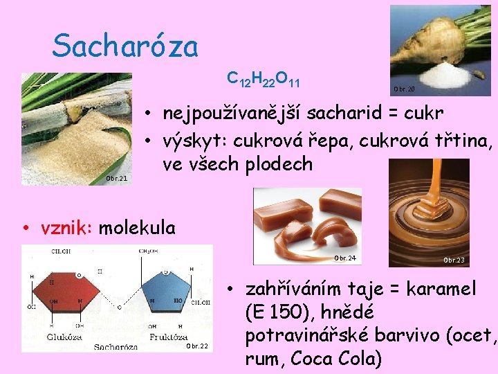 Sacharóza C 12 H 22 O 11 Obr. 20 • nejpoužívanější sacharid = cukr