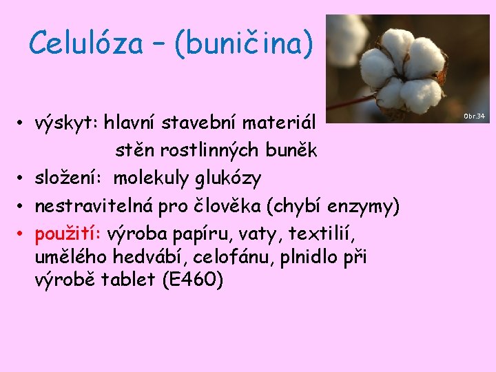 Celulóza – (buničina) • výskyt: hlavní stavební materiál stěn rostlinných buněk • složení: molekuly