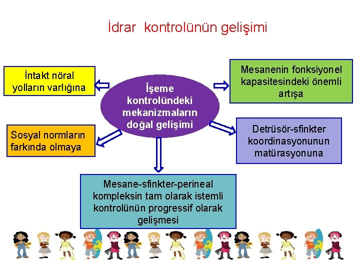 İdrar kontrolünün gelişimi İntakt nöral yolların varlığına Sosyal normların farkında olmaya İşeme kontrolündeki mekanizmaların