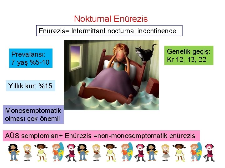 Nokturnal Enürezis= Intermittant nocturnal incontinence Prevalansı: 7 yaş %5 -10 Genetik geçiş: Kr 12,