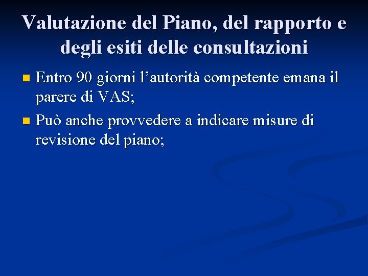 Valutazione del Piano, del rapporto e degli esiti delle consultazioni Entro 90 giorni l’autorità