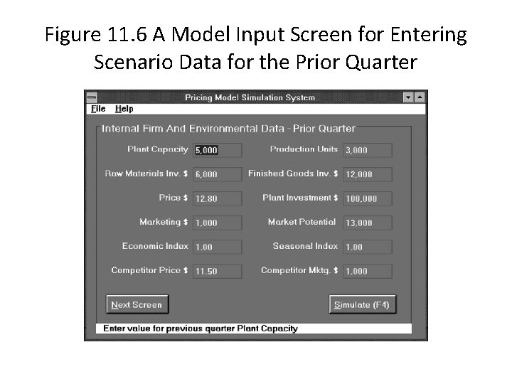 Figure 11. 6 A Model Input Screen for Entering Scenario Data for the Prior