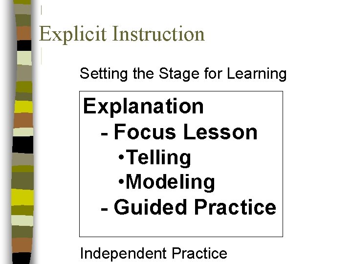 Explicit Instruction Setting the Stage for Learning Explanation - Focus Lesson • Telling •