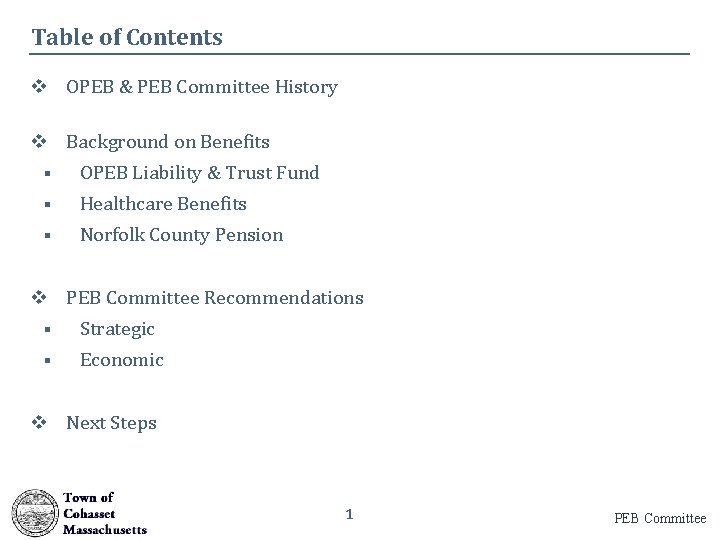 Table of Contents v OPEB & PEB Committee History v Background on Benefits §