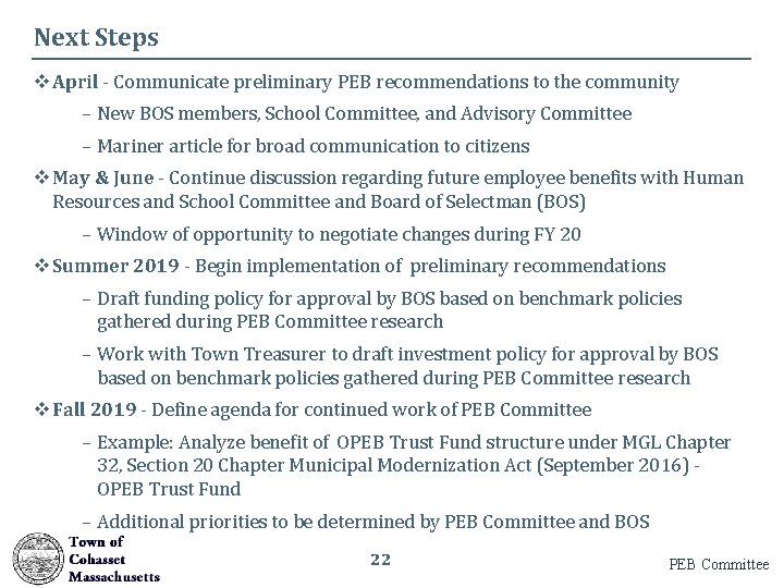 Next Steps v April - Communicate preliminary PEB recommendations to the community – New