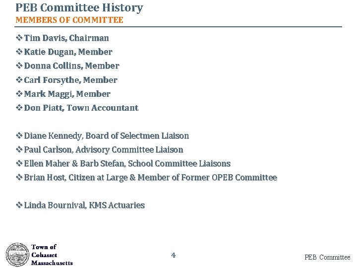 PEB Committee History MEMBERS OF COMMITTEE v Tim Davis, Chairman v Katie Dugan, Member