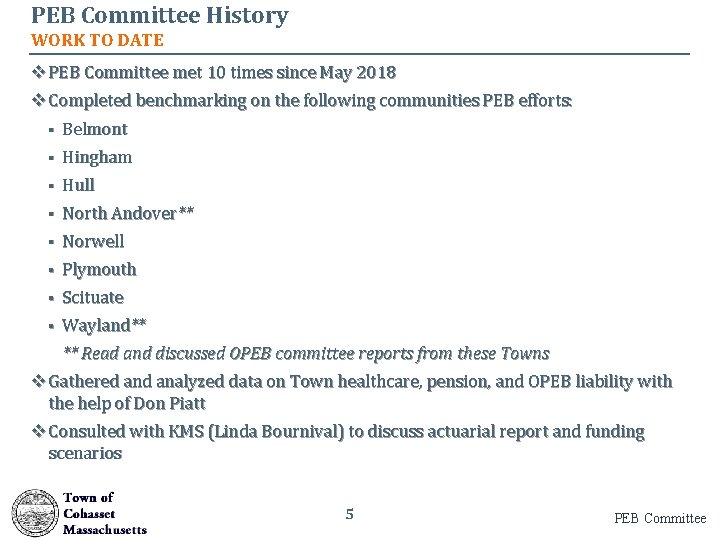 PEB Committee History WORK TO DATE v PEB Committee met 10 times since May