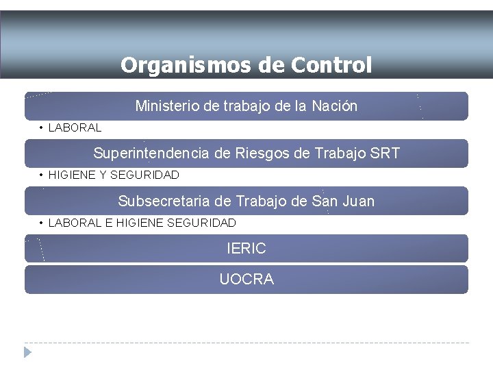 ACTORES DEL SISTEMA RIESGOS Organismos de. DEControl Ministerio de trabajo de la Nación •