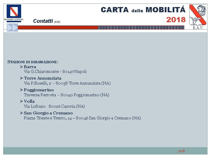 CARTA della Contatti (6/6) MOBILITÁ 2018 STAZIONI DI DIRAMAZIONE: Ø Barra Via G. Chiaromonte