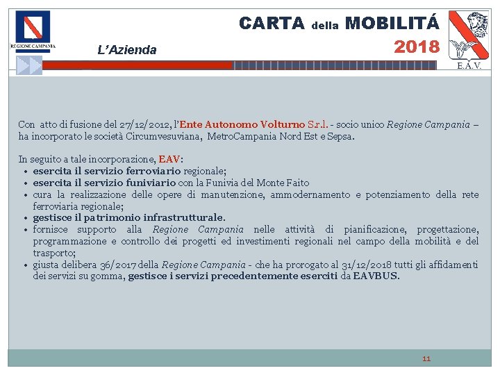 CARTA L’Azienda della MOBILITÁ 2018 Con atto di fusione del 27/12/2012, l’Ente Autonomo Volturno