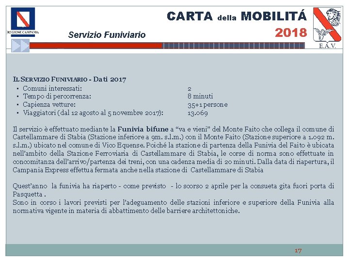 CARTA della Servizio Funiviario IL SERVIZIO FUNIVIARIO - Dati 2017 • Comuni interessati: •