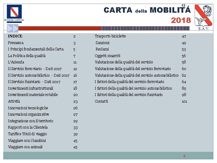 CARTA della 43 MOBILITÁ 2018 INDICE 2 Trasporto biciclette 47 Premessa 3 Sanzioni 49