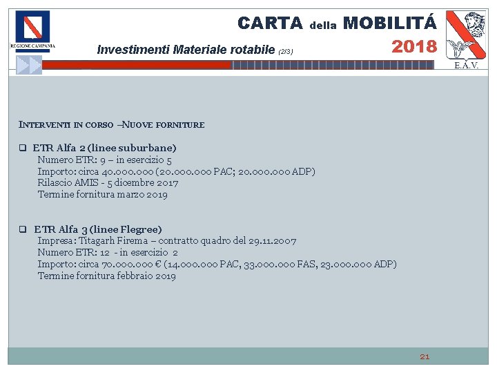 CARTA Investimenti Materiale rotabile (2/3) della MOBILITÁ 2018 INTERVENTI IN CORSO – NUOVE FORNITURE