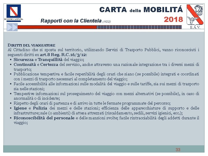 CARTA Rapporti con la Clientela (1/22) della MOBILITÁ 2018 DIRITTI DEL VIAGGIATORE Al Cittadino