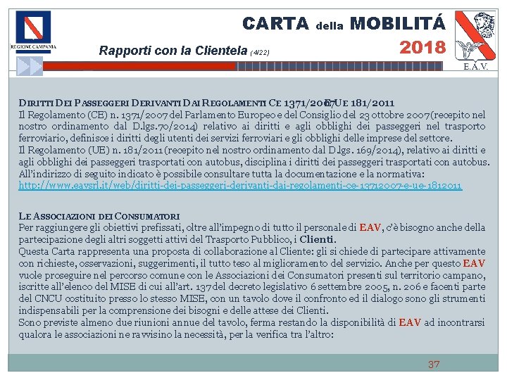 CARTA Rapporti con la Clientela (4/22) della MOBILITÁ 2018 DIRITTI DEI PASSEGGERI DERIVANTI DAI