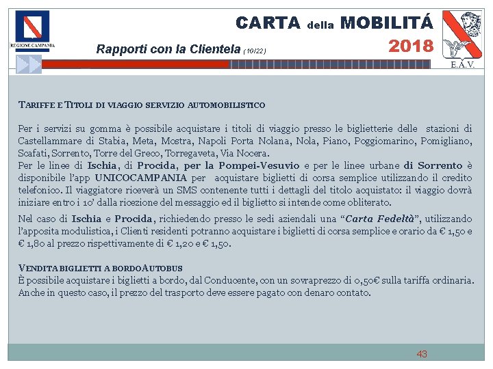 CARTA Rapporti con la Clientela (10/22) della MOBILITÁ 2018 TARIFFE E TITOLI DI VIAGGIO