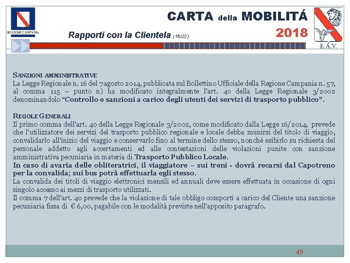 CARTA Rapporti con la Clientela (15/22) della MOBILITÁ 2018 SANZIONI AMMINISTRATIVE La Legge Regionale