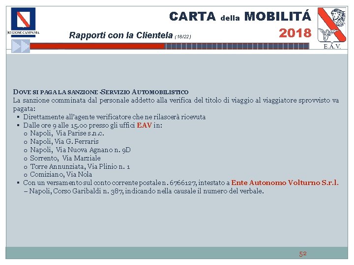 CARTA Rapporti con la Clientela (18/22) della MOBILITÁ 2018 DOVE SI PAGA LA SANZIONE