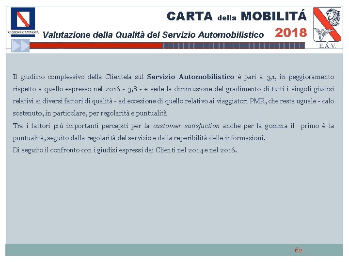 CARTA MOBILITÁ Valutazione della Qualità del Servizio Automobilistico 2018 della Il giudizio complessivo della
