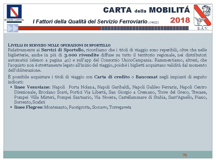 CARTA MOBILITÁ 2018 I Fattori della Qualità del Servizio Ferroviario della (14/22) LIVELLI DI