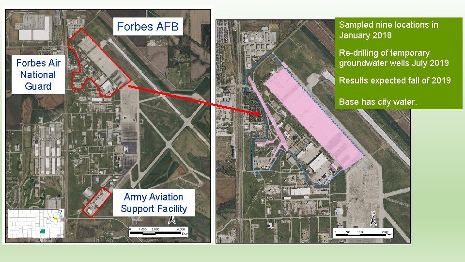 Forbes AFB Sampled nine locations in January 2018 Re-drilling of temporary groundwater wells July