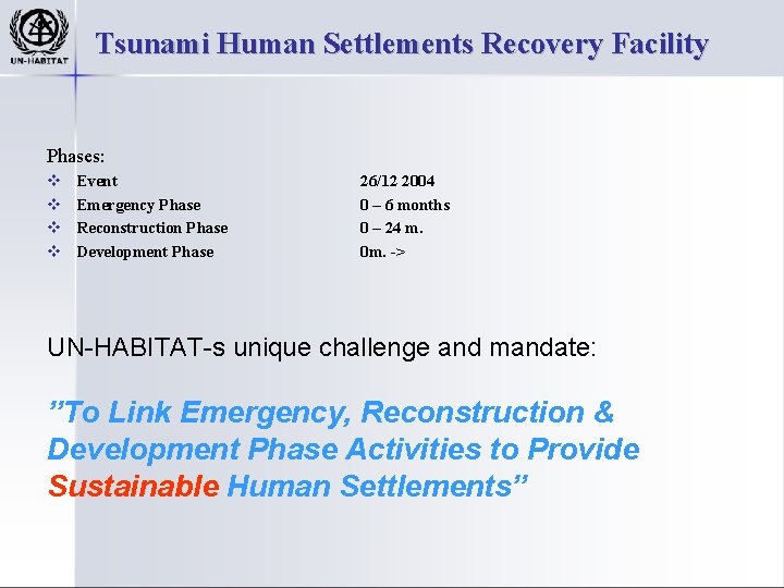 Tsunami Human Settlements Recovery Facility Phases: v v Event Emergency Phase Reconstruction Phase Development