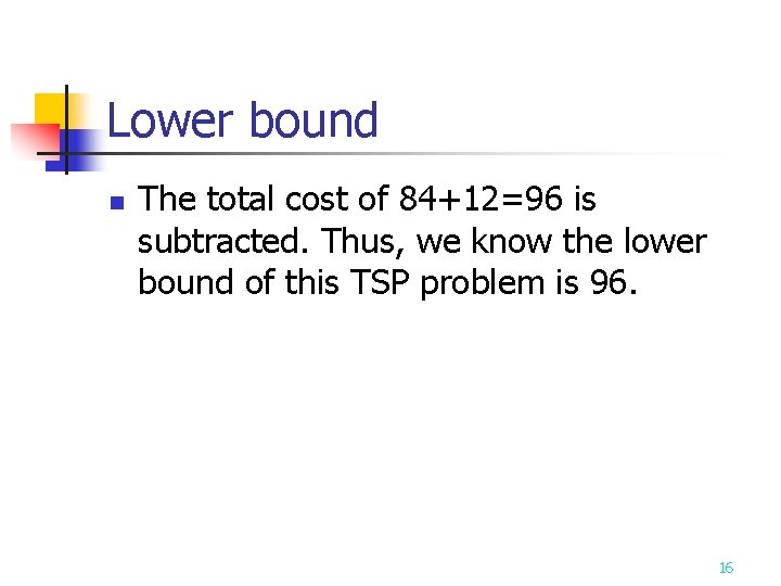 Lower bound n The total cost of 84+12=96 is subtracted. Thus, we know the