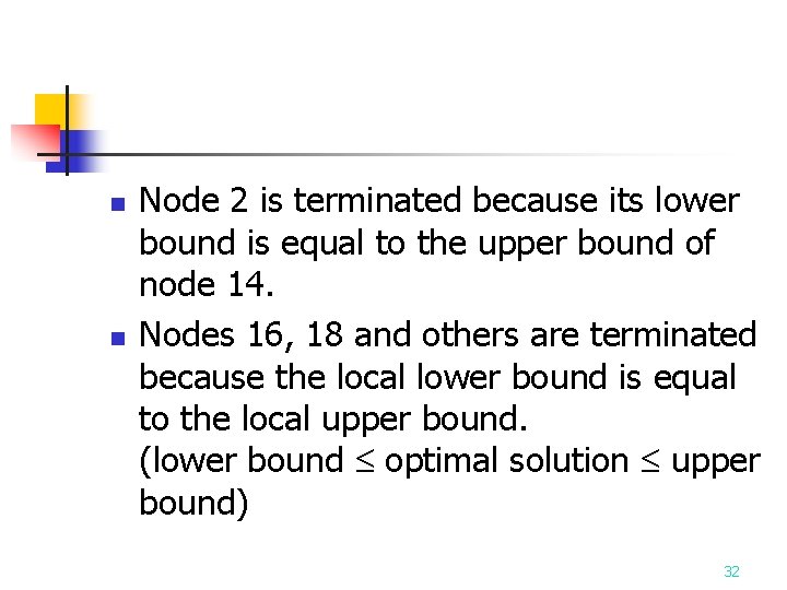 n n Node 2 is terminated because its lower bound is equal to the