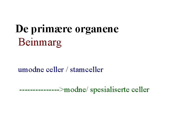 De primære organene Beinmarg umodne celler / stamceller -------->modne/ spesialiserte celler 