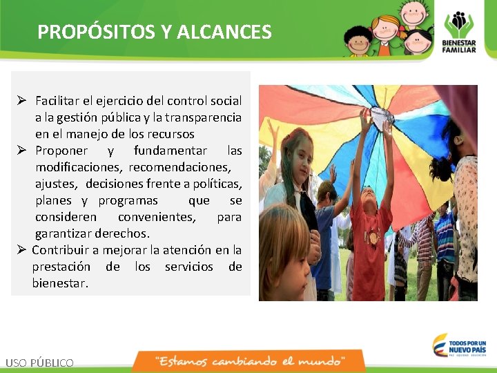 PROPÓSITOS Y ALCANCES Ø Facilitar el ejercicio del control social a la gestión pública