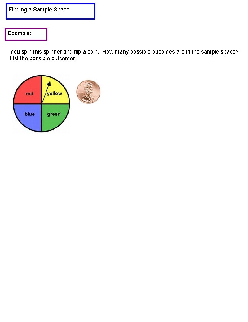 Finding a Sample Space Example: You spin this spinner and flip a coin. How