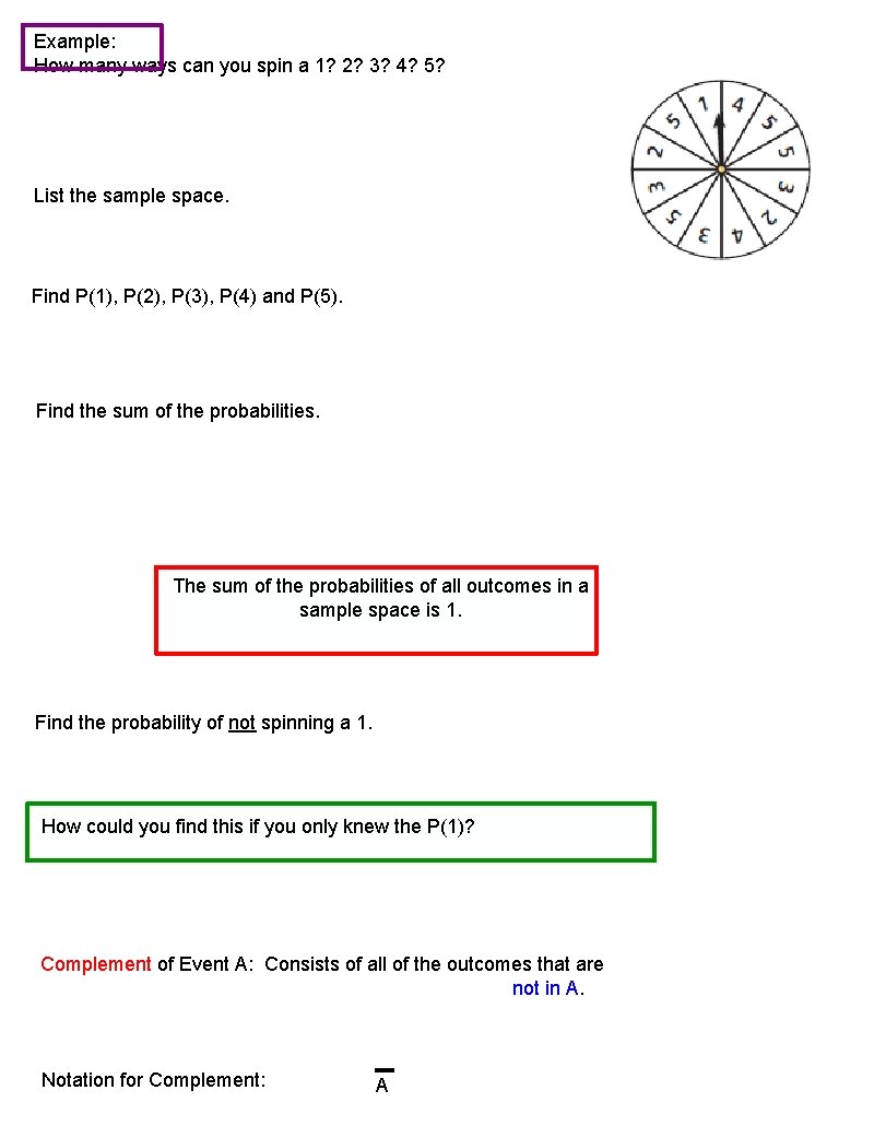 Example: How many ways can you spin a 1? 2? 3? 4? 5? List