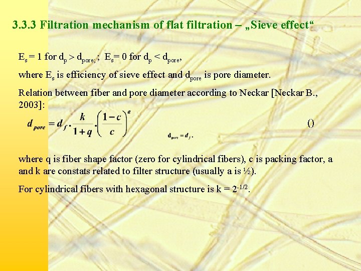 3. 3. 3 Filtration mechanism of flat filtration – „Sieve effect“ Es = 1