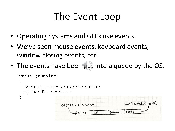 The Event Loop • Operating Systems and GUIs use events. • We’ve seen mouse The Event Loop • Operating Systems and GUIs use events. • We’ve seen mouse