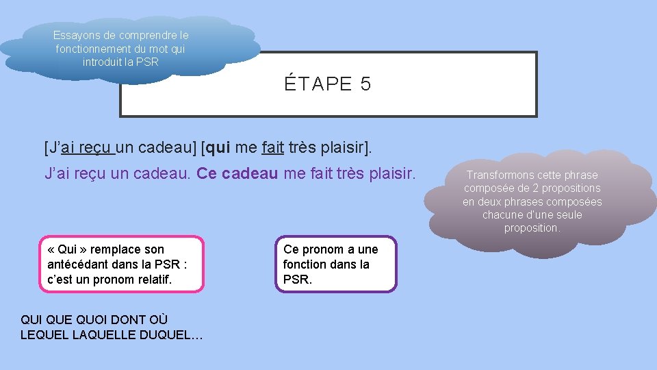 Essayons de comprendre le fonctionnement du mot qui introduit la PSR ÉTAPE 5 [J’ai