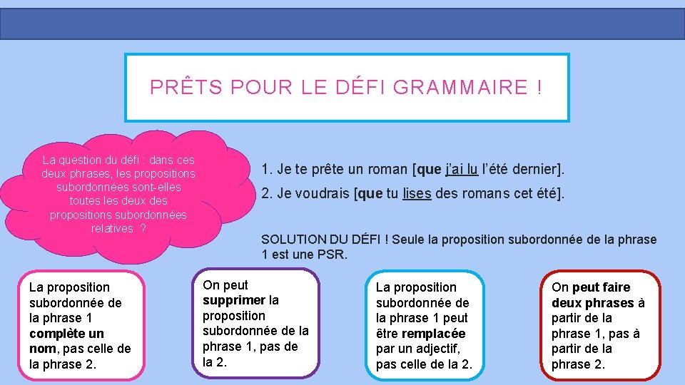 PRÊTS POUR LE DÉFI GRAMMAIRE ! La question du défi : dans ces deux