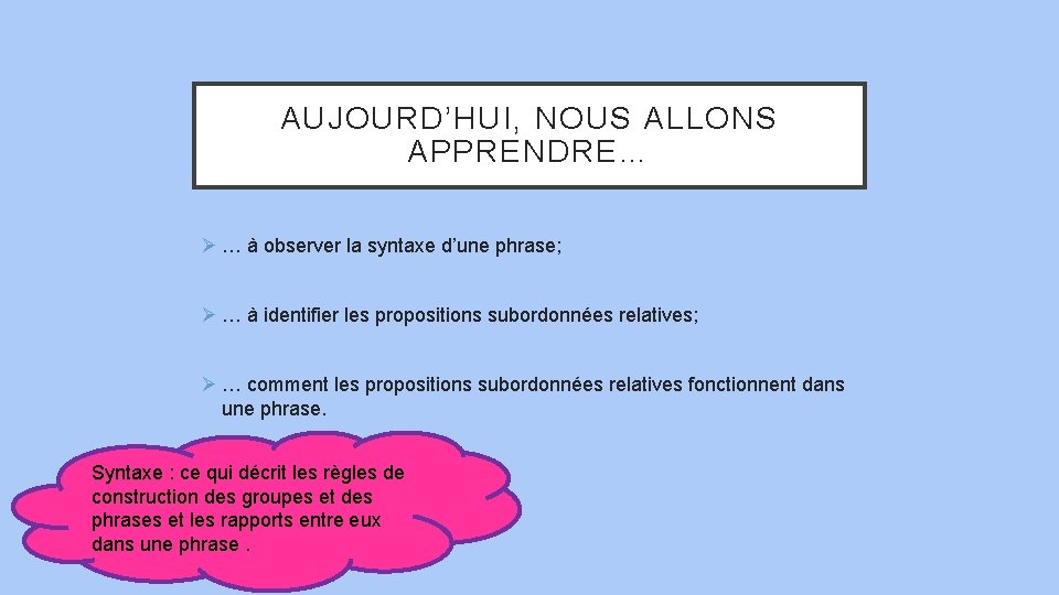 AUJOURD’HUI, NOUS ALLONS APPRENDRE… Ø … à observer la syntaxe d’une phrase; Ø …