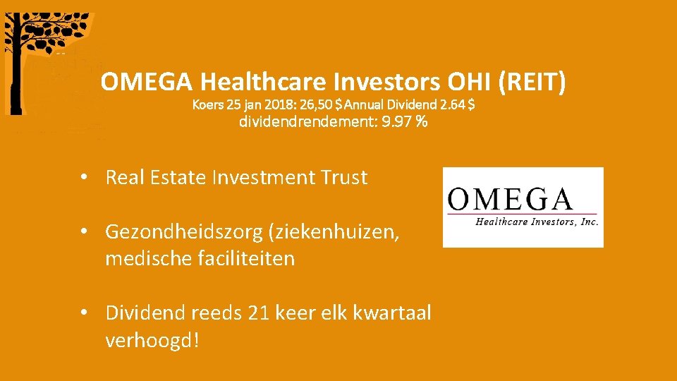 OMEGA Healthcare Investors OHI (REIT) Koers 25 jan 2018: 26, 50 $ Annual Dividend