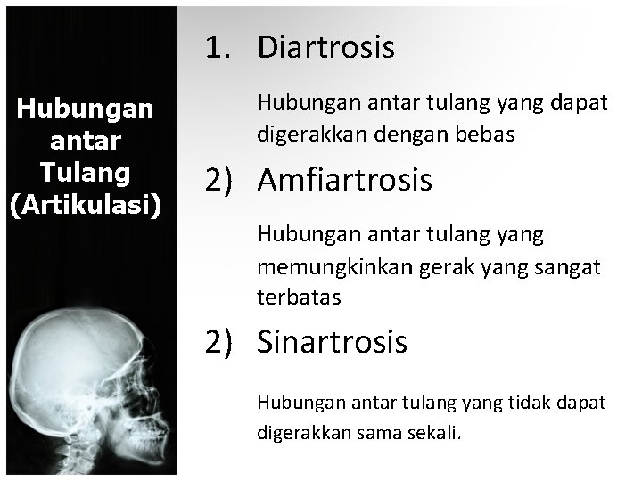 1. Diartrosis Hubungan antar Tulang (Artikulasi) Hubungan antar tulang yang dapat digerakkan dengan bebas