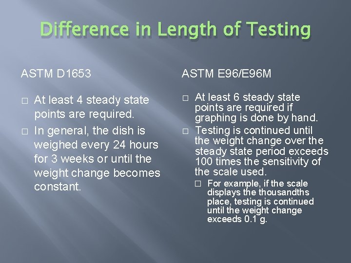 Difference in Length of Testing ASTM D 1653 � � At least 4 steady