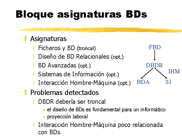 Bloque asignaturas BDs y Asignaturas x x x Ficheros y BD (troncal) Diseño de