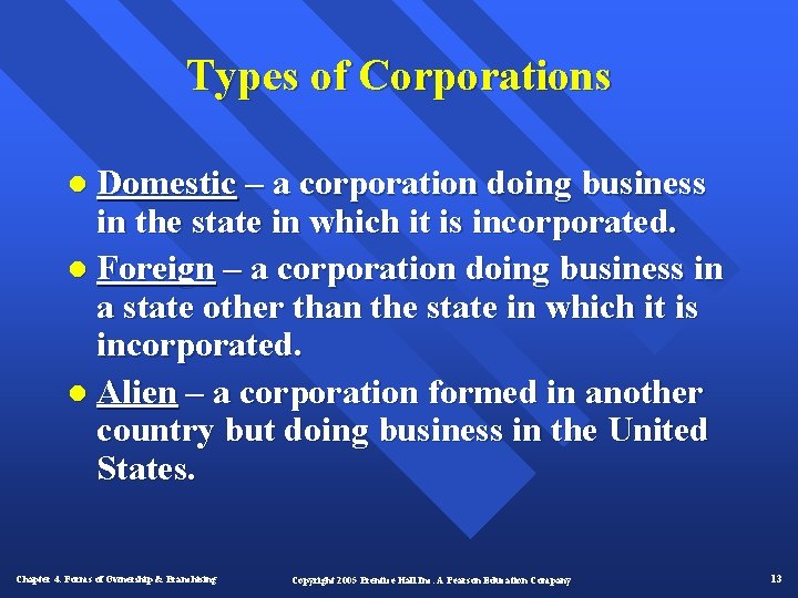 Types of Corporations l Domestic – a corporation doing business in the state in