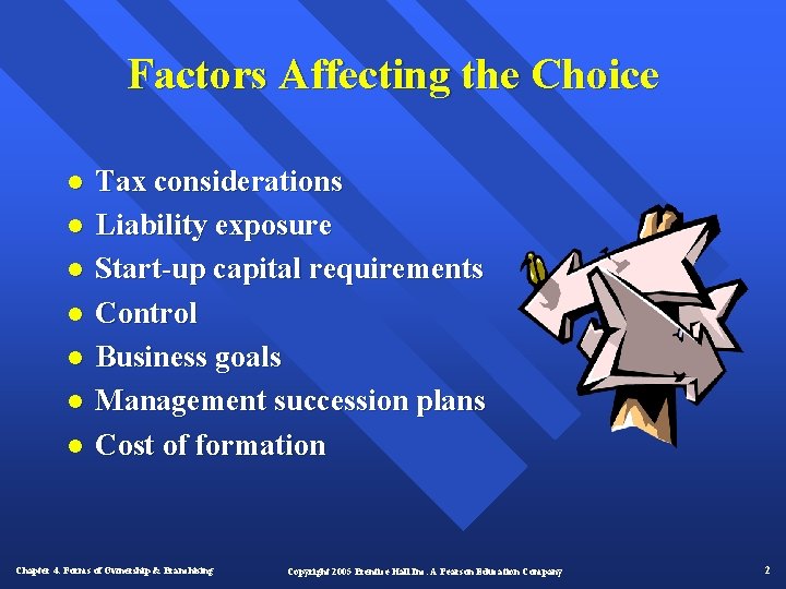 Factors Affecting the Choice l l l l Tax considerations Liability exposure Start-up capital