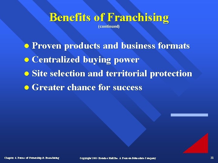 Benefits of Franchising (continued) l Proven products and business formats l Centralized buying power