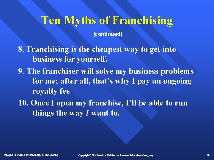 Ten Myths of Franchising (continued) 8. Franchising is the cheapest way to get into