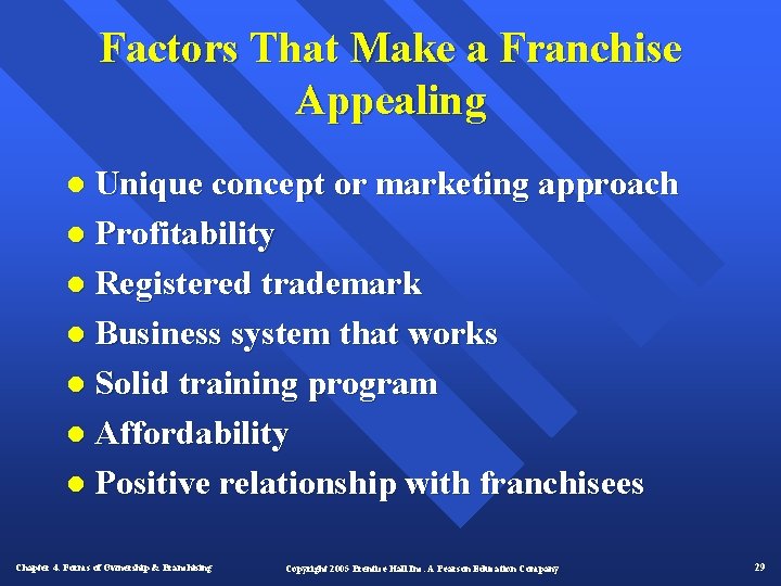 Factors That Make a Franchise Appealing l Unique concept or marketing approach l Profitability