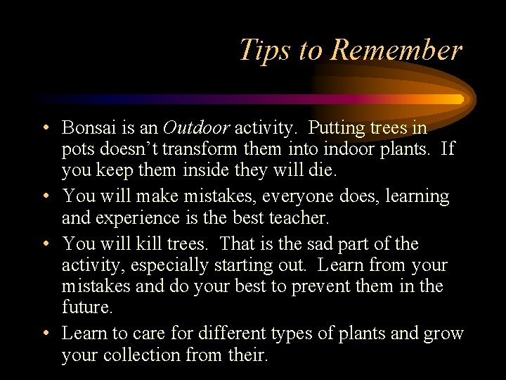 Tips to Remember • Bonsai is an Outdoor activity. Putting trees in pots doesn’t