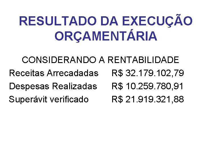 RESULTADO DA EXECUÇÃO ORÇAMENTÁRIA CONSIDERANDO A RENTABILIDADE Receitas Arrecadadas R$ 32. 179. 102, 79