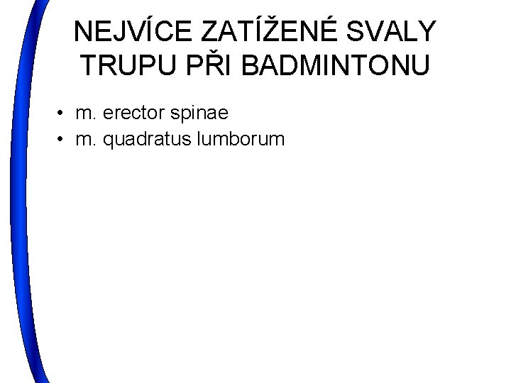 NEJVÍCE ZATÍŽENÉ SVALY TRUPU PŘI BADMINTONU • m. erector spinae • m. quadratus lumborum