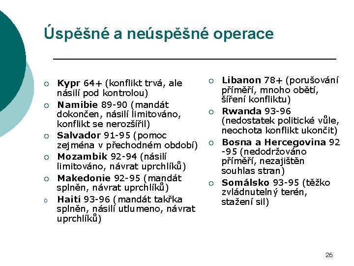 Úspěšné a neúspěšné operace ¡ ¡ ¡ o Kypr 64+ (konflikt trvá, ale násilí